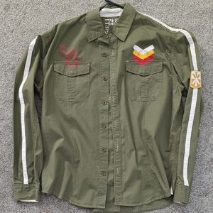 Heritage Olive Green Button Down Shirt with Unique Patches